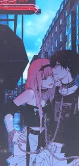 Anime couple in a neon-lit city with vibrant colors and romantic aura.