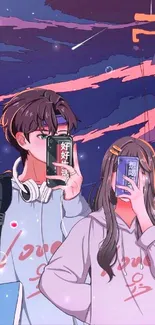 Anime couple with phones under a vibrant night sky.