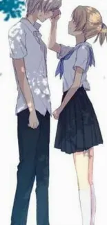 Romantic anime couple in school uniforms, sharing a tender moment.