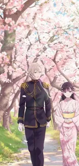 Anime couple walking under cherry blossoms in a serene spring setting.