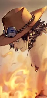 Anime cowboy character with fiery aura on wallpaper.