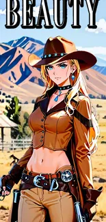 Anime cowgirl in a desert landscape with western attire.