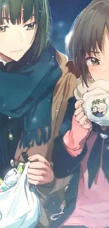 Anime duo sharing a cozy winter moment in snow.