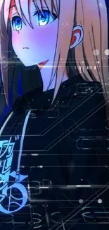 Anime cyber aesthetic wallpaper with blue hues and digital elements.