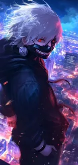 Anime character in dark attire overlooking a neon city at night.