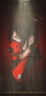 Anime character with red mask on dark background.