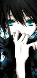 Anime character with black hair and blue eyes in dark aesthetic wallpaper.