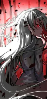 Anime character with long white hair and red eyes on a dramatic red and black background.