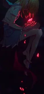 Anime wallpaper featuring a girl holding glowing red shards in darkness.