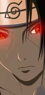 Anime character with glowing red eyes and dark tones.