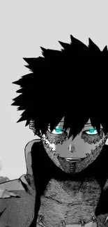 Anime character in dark monochrome style with bright blue eyes.