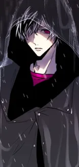 Anime character in dark hood with rain.