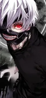 Anime character with mask and red eyes in dark tones.