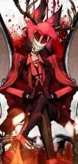 Anime demon character on a throne with vivid red hues and dark tones.