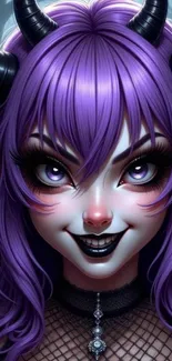 Anime demon girl with purple hair and horns in vibrant artwork.