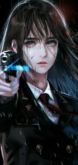 Anime detective holding gun in rain