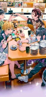 Anime characters dining in a lively restaurant setting on mobile wallpaper.