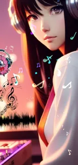 Anime DJ girl with headphones and musical notes in a vibrant setting.