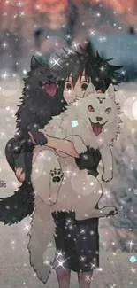 Anime child holding two dogs in a snowy, sparkly landscape.