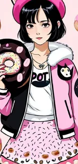 Anime girl with donuts in pink outfit on wallpaper.