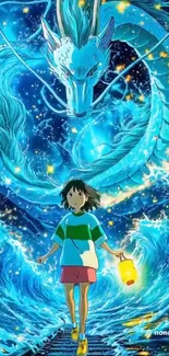 Anime girl with lantern and dragon in blue waves