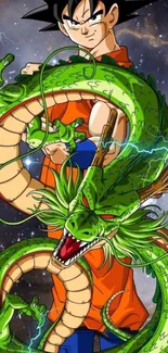 Anime character with a green dragon against a cosmic background.