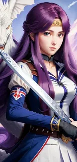 Anime warrior with purple hair and dragon, holding a sword.