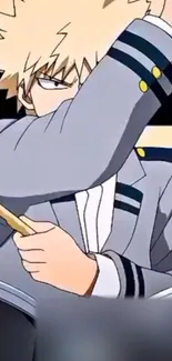 Anime drummer in gray uniform with drumsticks.