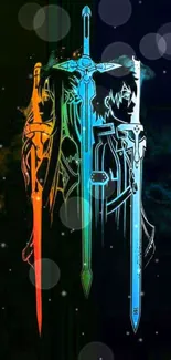 Dynamic anime swords wallpaper with glowing colors.