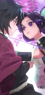 Anime characters in a dramatic sword duel with vibrant purple hues.