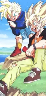 Two anime characters sitting in a scenic, colorful landscape.