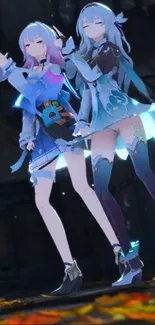 Anime duo dancing with glowing outfits and vibrant colors.