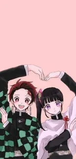 Anime characters forming heart gesture with pastel pink background.