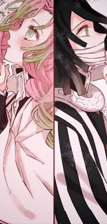 Anime duo illustrated wallpaper with distinct designs.