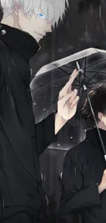 Two anime characters with umbrellas in a rainy scene, stylish and mysterious.