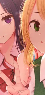 Anime duo with expressive eyes and colorful attire, perfect for phone wallpaper.