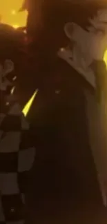 Anime silhouette of two characters against an orange background.