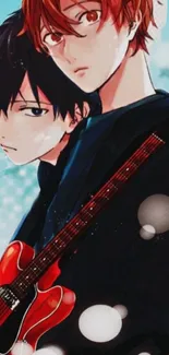 Anime duo playing a red guitar with expressive art and vibrant colors.