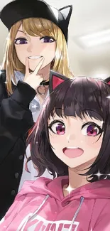 Anime characters with cat ears and headphones in a vibrant scene.