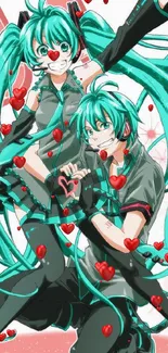 Anime duo with vibrant aqua hair and red hearts.