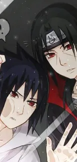 Anime duo with red eyes staring through glass.