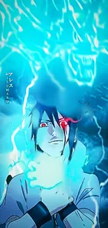 Anime character with electric blue aura and energy effects.