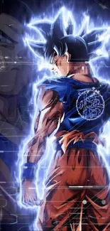 Anime character with electric aura in blue and orange tones.