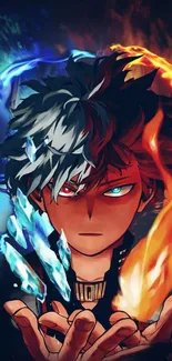 Anime character with fire and ice powers depicted in vivid art style.