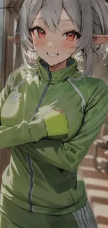 Anime elf in a green tracksuit, smiling indoors.