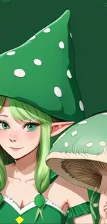 Anime elf with green mushroom hat on dark green background.