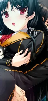 Anime characters embracing with a kitten