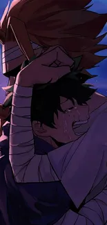 Emotional anime embrace at twilight with wrapped hand and dramatic sky.