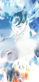 Anime character with intense energy aura and blue-white dynamic tones.