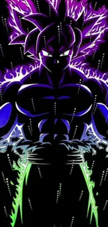 Anime character with dynamic energy aura in purple and green colors.